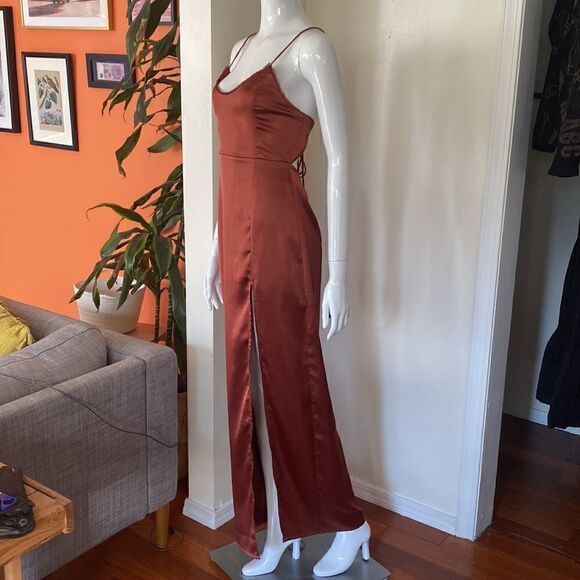 Steele Copper Tie Back Cut Out Slip Maxi Dress with Thigh Split Size Small - Picture 5 of 13